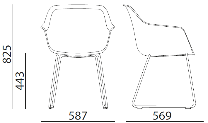 Sch&eacute;ma des cotes du fauteuil Isla sur pi&eacute;tement luge : hauteur 825 mm, assise 443 mm