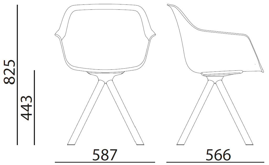 Sch&eacute;ma des cotes du fauteuil Isla pi&eacute;tement pyramidal aluminium pivotant, hauteur 825 mm