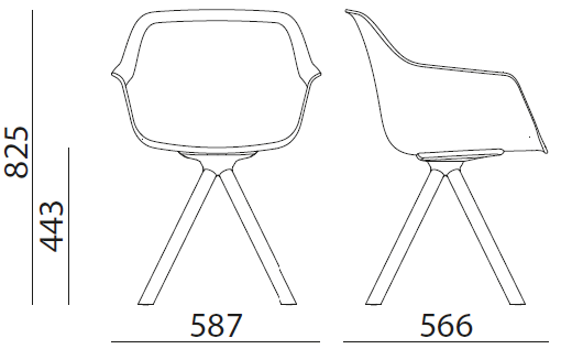Sch&eacute;ma des cotes du fauteuil Isla pi&eacute;tement pyramidal bois fixe, hauteur 825 mm