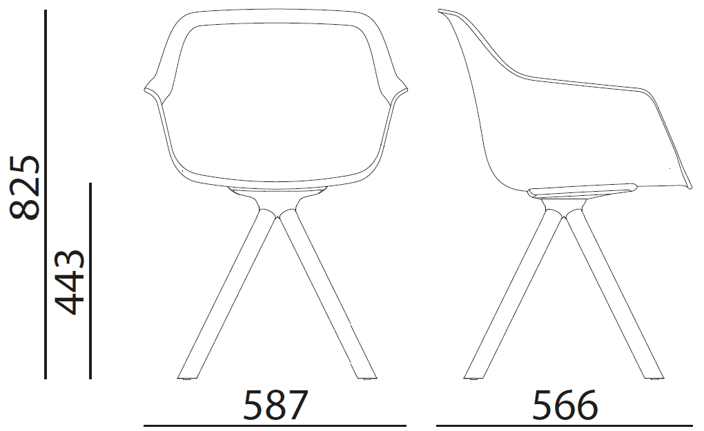 Sch&eacute;ma des cotes du fauteuil Isla pi&eacute;tement pyramidal bois pivotant, hauteur 825 mm