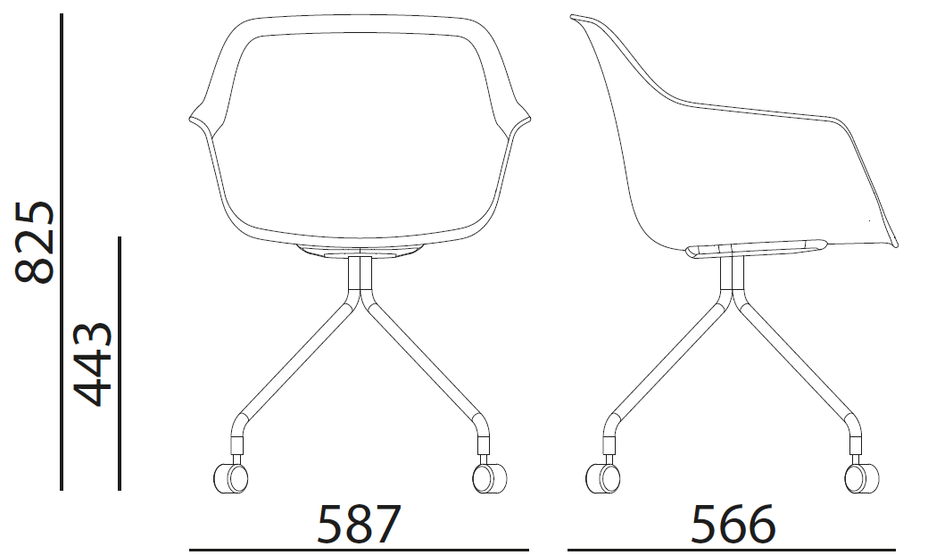 Sch&eacute;ma des cotes du fauteuil Isla pi&eacute;tement pyramidal &agrave; roulettes, hauteur 825 mm