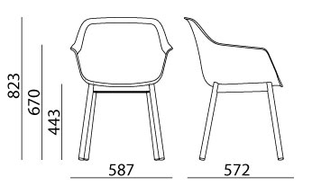 Sch&eacute;ma des cotes du fauteuil Isla sur pieds m&eacute;tal, hauteur 823 mm, assise 443 mm