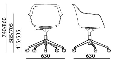 Sch&eacute;ma des cotes du fauteuil Isla pivotant sur roulettes, hauteur r&eacute;glable 740-860 mm