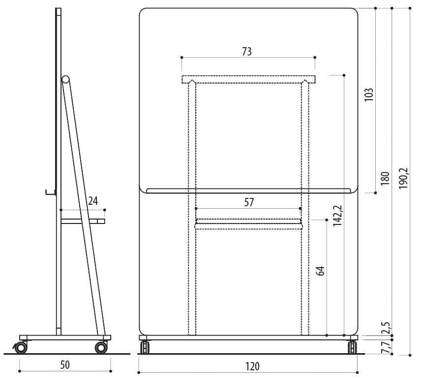 Schéma des cotes du paperboard mobile Jana grand panneau, largeur 120 cm