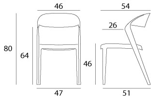 Sch&eacute;ma des cotes de la chaise Jouvet : hauteur 80 cm, assise 46 cm