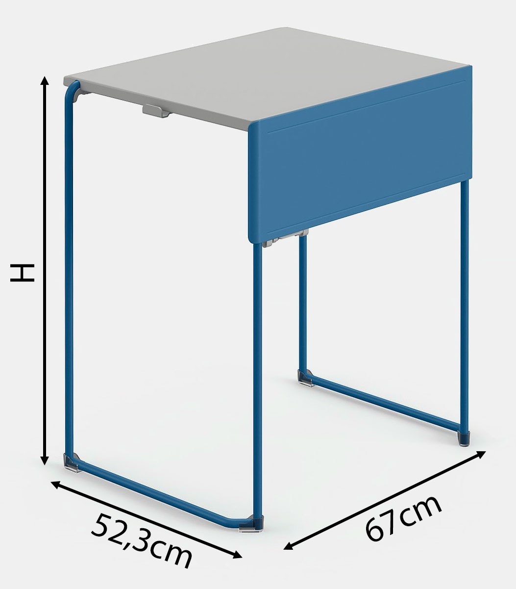 Sch&eacute;ma table de formation Kanin avec cotes : profondeur 67 cm, largeur 52,3 cm, hauteur H