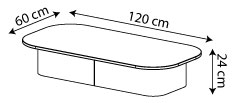 Sch&eacute;ma de la table basse Kipawa ovale, cotes : 60 x 120 cm et hauteur 24 cm