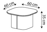Sch&eacute;ma de la table basse Kipawa ovale, cotes : 60 x 60 cm et hauteur 35 cm