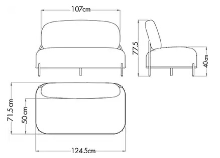 Sch&eacute;ma du canap&eacute; Kouban avec cotes : largeur 124,5 cm, hauteur 77,5 cm, profondeur 71,5 cm
