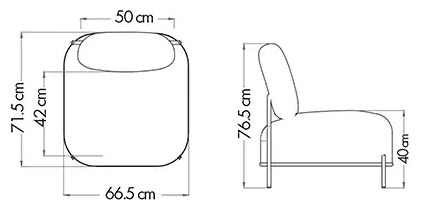 Sch&eacute;ma du fauteuil Kouban avec cotes : largeur 66,5 cm, hauteur 76,5 cm, profondeur 71,5 cm