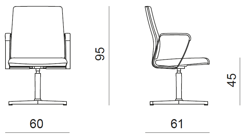 Sch&eacute;ma du fauteuil Krios Meet sur pi&eacute;tement &agrave; patins, cotes : largeur 60 cm, hauteur 95 cm, assise 45 cm