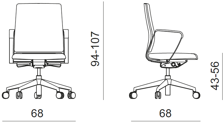Sch&eacute;ma du fauteuil Krios Meet &agrave; roulettes, cotes : largeur 68 cm, hauteur 94-107 cm, assise 43-56 cm