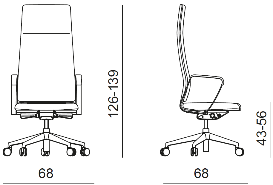 Sch&eacute;ma du fauteuil de direction Krios, cotes : largeur 68 cm, hauteur 126-139 cm, assise 43-56 cm