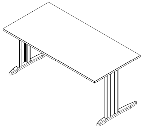 Sch&eacute;ma du bureau Lanoux &agrave; pi&eacute;tement m&eacute;tal en T, vue en perspective