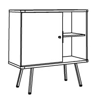 Sch&eacute;ma de l'armoire basse Lestio &agrave; 1 porte et niche ouverte, sur pieds bois inclin&eacute;s
