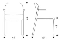 Sch&eacute;ma de la chaise Lido avec accoudoirs, cotes : largeur 49 cm, profondeur 54 cm, hauteur 82 cm, assise 45 cm