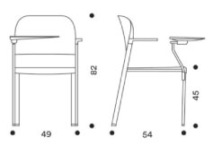 Sch&eacute;ma de la chaise Lido avec accoudoirs et tablette &eacute;critoire, cotes : largeur 49 cm, hauteur 82 cm