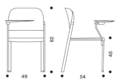 Sch&eacute;ma de la chaise Lido avec tablette &eacute;critoire, cotes : largeur 49 cm, profondeur 54 cm, hauteur 82 cm