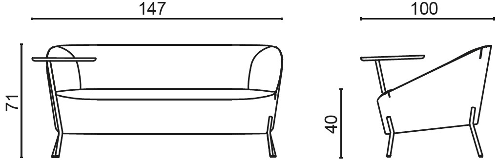 Schéma du canapé Ligurie 2 places avec tablette, cotes : largeur 147 cm, profondeur 100 cm, hauteur 71 cm