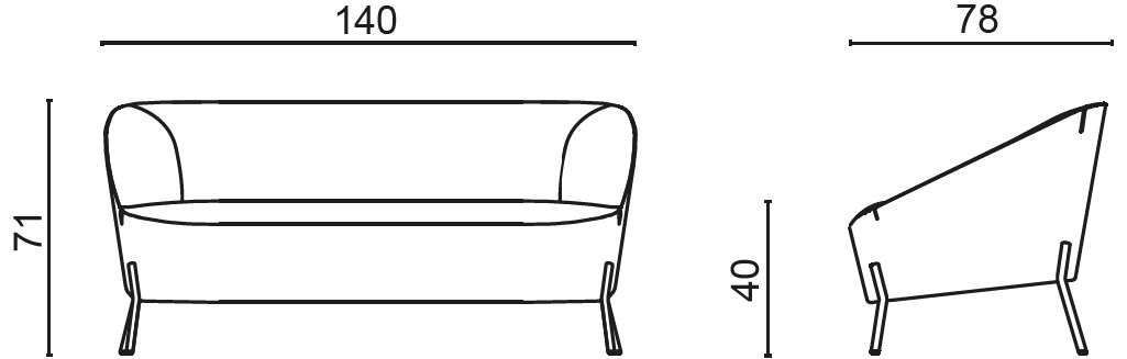 Schéma du canapé Ligurie 2 places, cotes : largeur 140 cm, profondeur 78 cm, hauteur 71 cm, assise 40 cm
