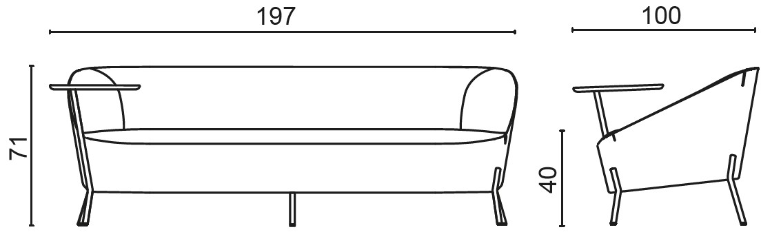 Schéma du canapé Ligurie 3 places avec tablette, cotes : largeur 197 cm, profondeur 100 cm, hauteur 71 cm