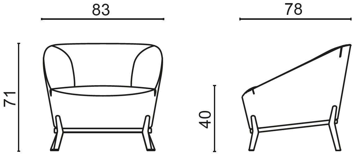 Schéma du fauteuil Ligurie sur 4 pieds bois, cotes : largeur 83 cm, profondeur 78 cm, hauteur 71 cm