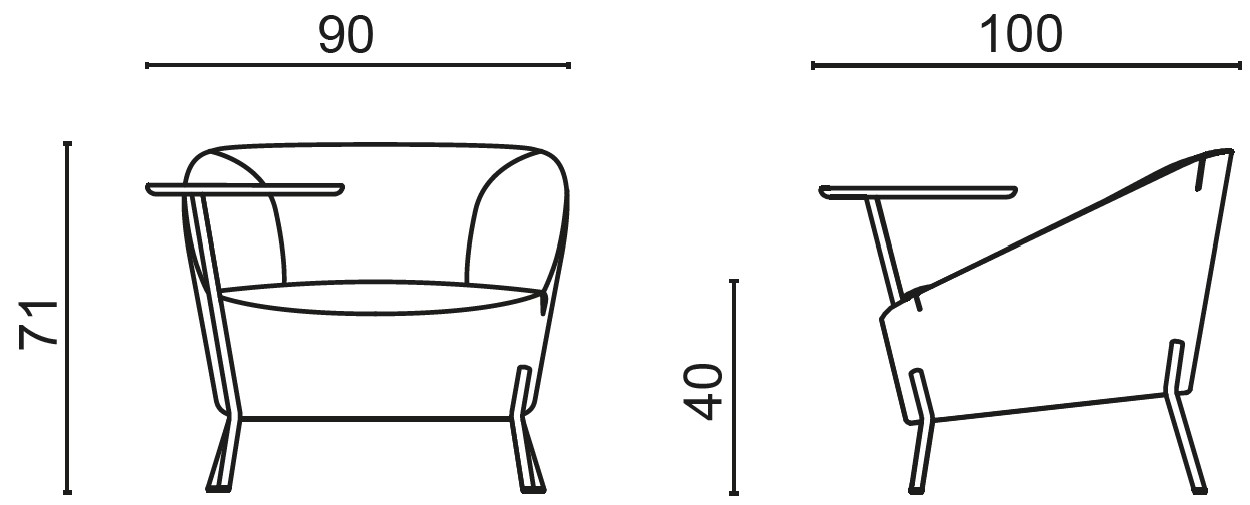Schéma du fauteuil Ligurie 4 pieds métal avec tablette, cotes : largeur 90 cm, profondeur 100 cm, hauteur 71 cm