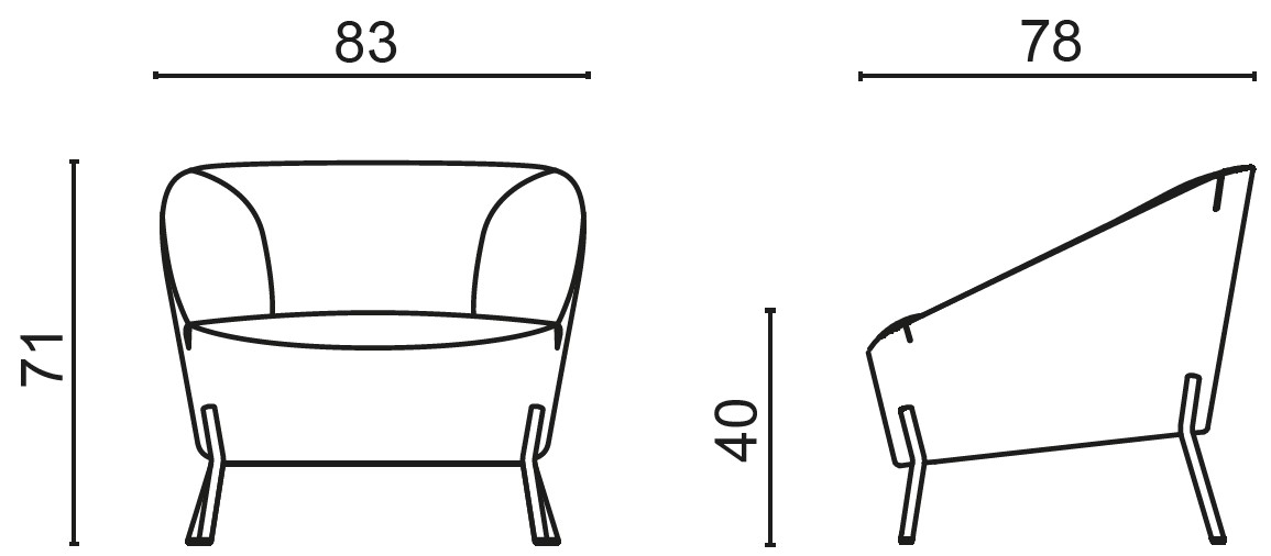 Schéma du fauteuil Ligurie sur 4 pieds métal, cotes : largeur 83 cm, profondeur 78 cm, hauteur 71 cm