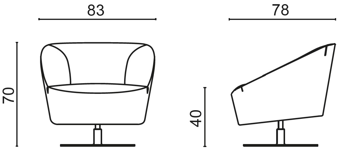 Schéma du fauteuil Ligurie pivotant, cotes : largeur 83 cm, profondeur 78 cm, hauteur 70 cm, assise 40 cm