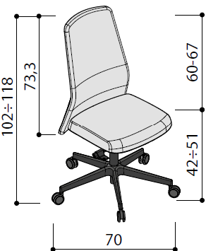 Sch&eacute;ma du si&egrave;ge op&eacute;ratif Lipari sans accoudoirs, cotes : hauteur 102-118 cm, assise 42-51 cm, largeur 70 cm