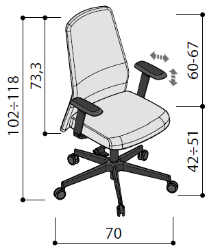 Sch&eacute;ma du si&egrave;ge op&eacute;ratif Lipari avec accoudoirs r&eacute;glables, cotes : hauteur 102-118 cm, assise 42-51 cm