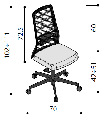 Sch&eacute;ma du si&egrave;ge op&eacute;ratif Lipari &agrave; dossier r&eacute;sille sans accoudoirs, hauteur 102-111 cm, largeur 70 cm