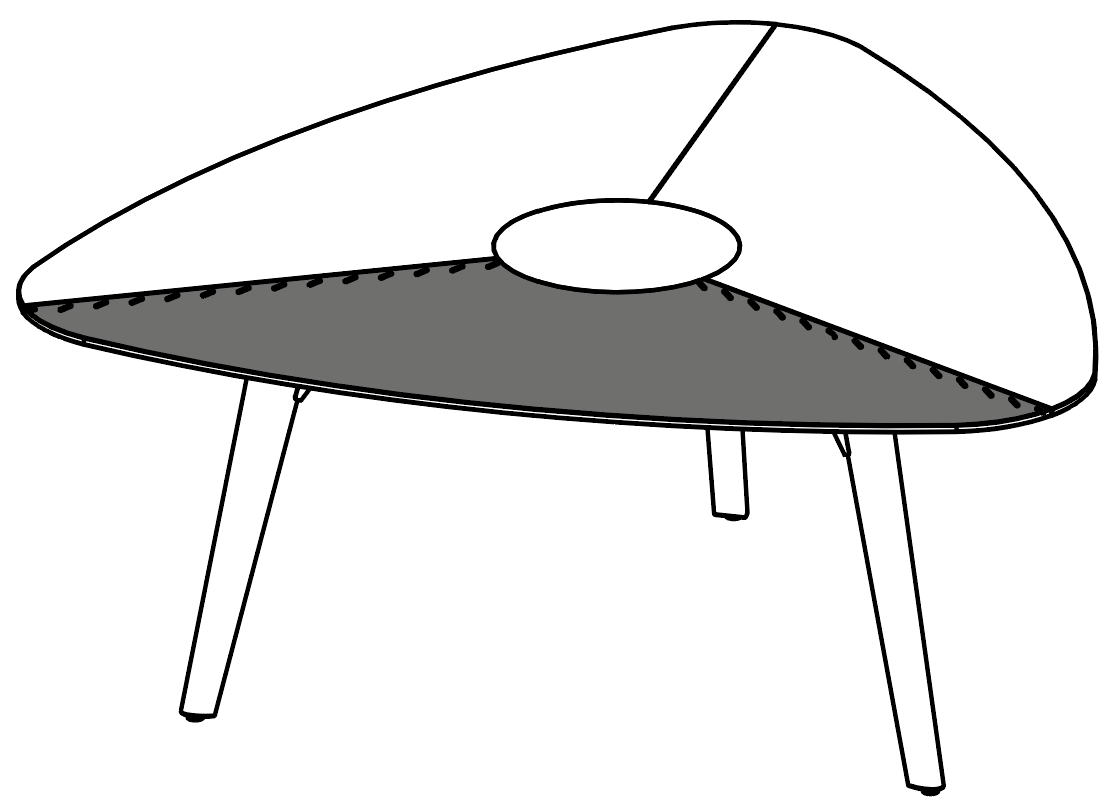 Schéma de la table triangulaire Longo Round à plateau cuir et passe-câble, piétement bois