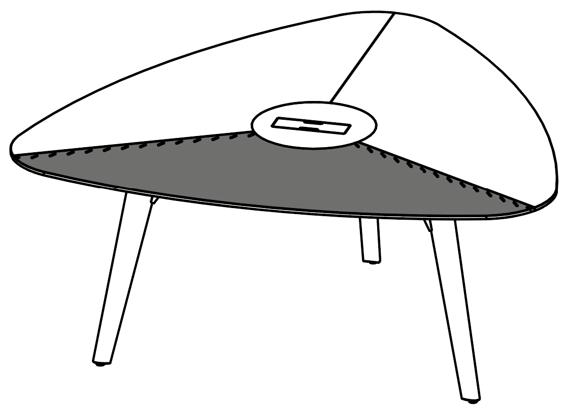 Schéma de la table triangulaire Longo Round à plateau cuir avec trappe d'accès, piétement bois