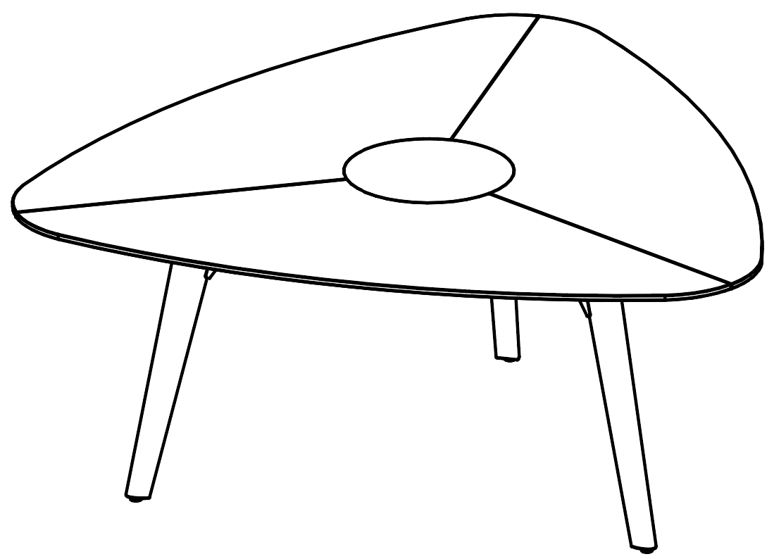 Schéma de la table triangulaire Longo Round à passe-câble central, piétement bois