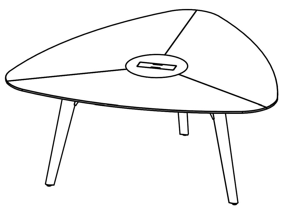 Schéma de la table triangulaire Longo Round avec trappe d'accès, piétement bois