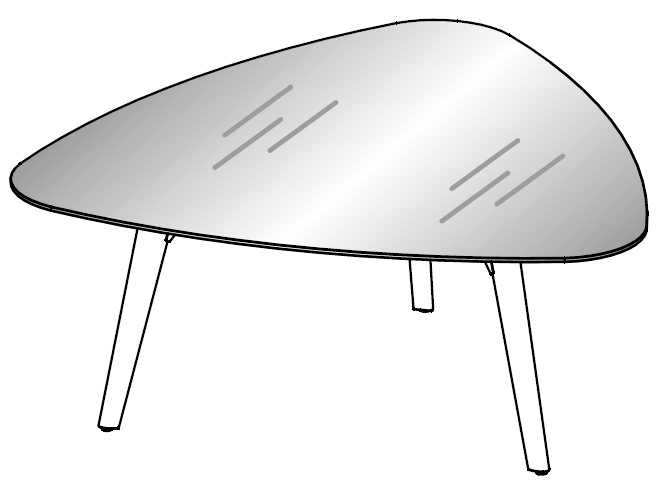 Schéma de la table triangulaire Longo Round à plateau verre, piétement bois