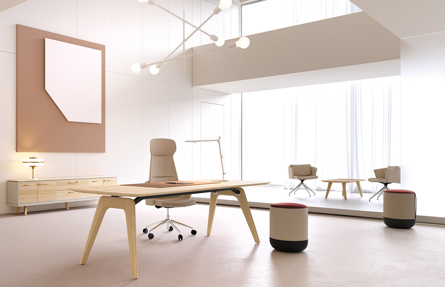 Bureau Longo en bois clair dans un open space lumineux avec sièges