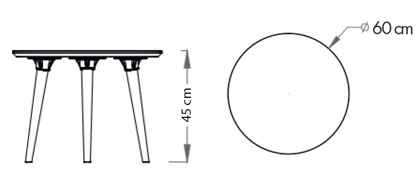 Schéma de la table Lori ronde, cotes : Ø60 cm et hauteur 45 cm, vues de profil et de dessus