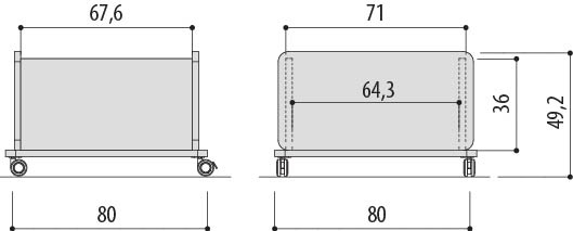 Schéma du bac à plantes Lucerna L80 cm sur roulettes, cotes : largeur 80 cm, hauteur 49,2 cm
