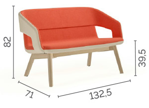 Sch&eacute;ma du canap&eacute; Luodis 2 places dossier bas, pieds bois, cotes : largeur 132,5 cm, hauteur 82 cm