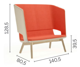 Sch&eacute;ma du canap&eacute; Luodis 2 places dossier haut, pieds bois, cotes : largeur 140,5 cm, hauteur 128,5 cm