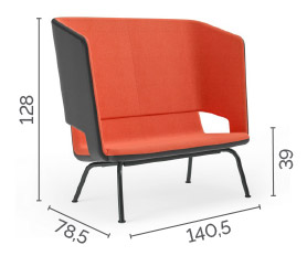 Sch&eacute;ma du canap&eacute; Luodis 2 places dossier haut, pieds m&eacute;tal, cotes : largeur 140,5 cm, hauteur 128 cm