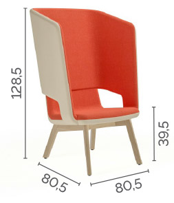 Sch&eacute;ma du fauteuil haut Luodis sur pieds bois, cotes : largeur 80,5 cm, hauteur 128,5 cm, assise 39,5 cm