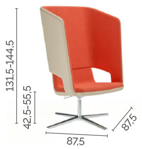Sch&eacute;ma du fauteuil haut Luodis pivotant pi&eacute;tement &eacute;toile alu, cotes : largeur 87,5 cm, hauteur 131,5-144,5 cm