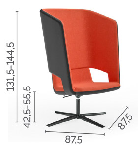 Sch&eacute;ma du fauteuil haut Luodis pivotant pi&eacute;tement &eacute;toile noir, cotes : largeur 87,5 cm, hauteur 131,5-144,5 cm