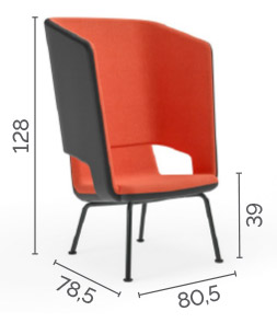 Sch&eacute;ma du fauteuil haut Luodis sur pieds m&eacute;tal, cotes : largeur 80,5 cm, hauteur 128 cm, assise 39 cm
