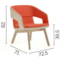 Sch&eacute;ma du fauteuil Luodis sur pieds bois, cotes : largeur 72,5 cm, profondeur 71 cm, hauteur 82 cm