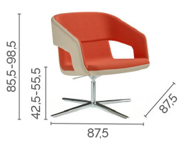 Sch&eacute;ma du fauteuil Luodis pivotant sur pi&eacute;tement &eacute;toile alu, cotes : largeur 87,5 cm, hauteur 85,5-98,5 cm