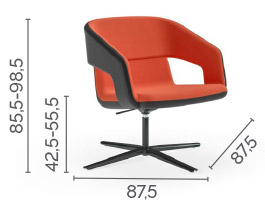 Sch&eacute;ma du fauteuil Luodis pivotant sur pi&eacute;tement &eacute;toile noir, cotes : largeur 87,5 cm, hauteur 85,5-98,5 cm